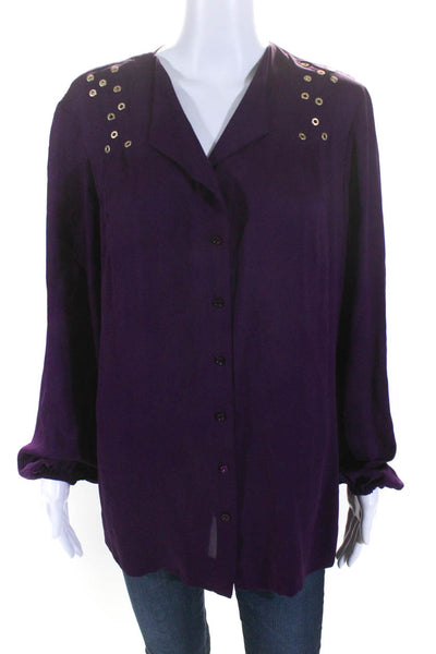 Escada Womens Silk Crepe V-Neck Grommeted Button Up Blouse Top Purple Size 38