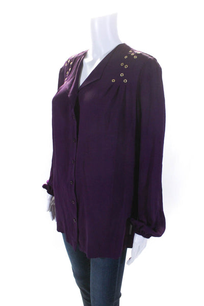 Escada Womens Silk Crepe V-Neck Grommeted Button Up Blouse Top Purple Size 38