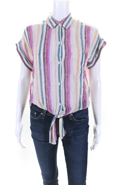 Rails Womens Metallic Striped Print Knotted Hem Button Up Top Multicolor Size XS