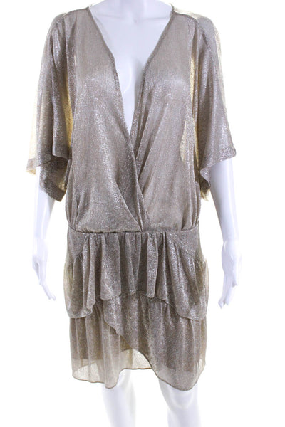 IRO Womens V Neck Kimono Sleeves Tiered Dress Beige Metallic Size EUR 36