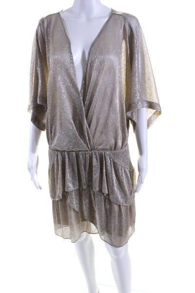 IRO Womens V Neck Kimono Sleeves Tiered Dress Beige Metallic Size EUR 36