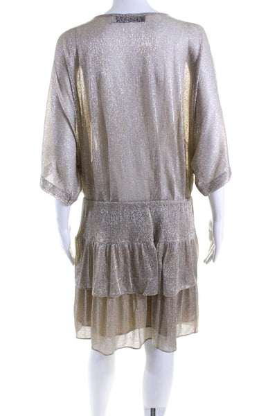 IRO Womens V Neck Kimono Sleeves Tiered Dress Beige Metallic Size EUR 36