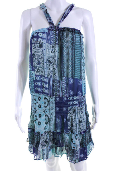 Ramy Brook Womens Silk Abstract Print Halter Neck A Line Dress Blue Size Small