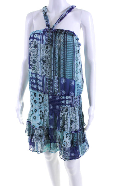 Ramy Brook Womens Silk Abstract Print Halter Neck A Line Dress Blue Size Small