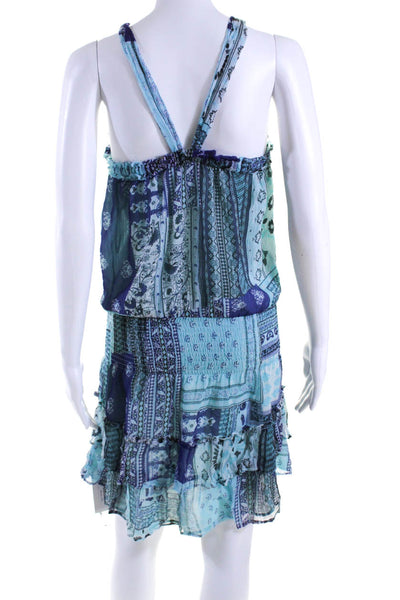 Ramy Brook Womens Silk Abstract Print Halter Neck A Line Dress Blue Size Small