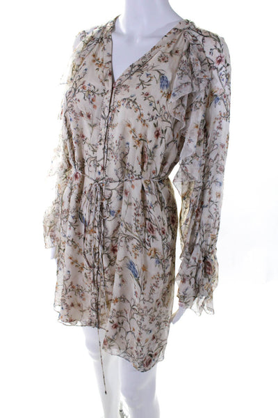 Haute Hippie Womens Silk Floral Print Button Down Shirt Dress Beige Size 0