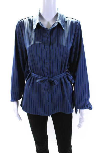 L'Academie Womens Satin Striped Collared Button Up Blouse Top Blue Size M