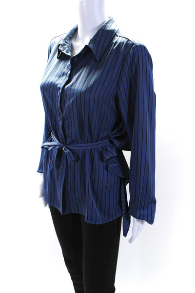 L'Academie Womens Satin Striped Collared Button Up Blouse Top Blue Size M