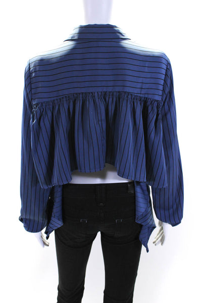 L'Academie Womens Satin Striped Collared Button Up Blouse Top Blue Size M