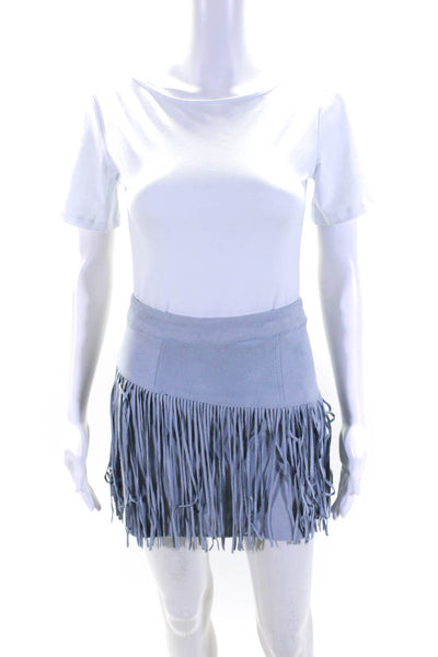 NBD Womens Stretch Vegan Suede Fringe Zip Up Mini A-Line Skirt Blue Size S