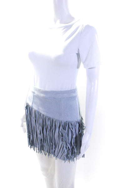 NBD Womens Stretch Vegan Suede Fringe Zip Up Mini A-Line Skirt Blue Size S