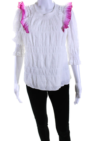 Tanya Taylor Womens Long Sleeves Ruffled Blouse White Pink Cotton Size 4