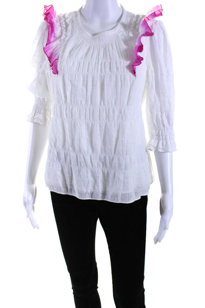 Tanya Taylor Womens Long Sleeves Ruffled Blouse White Pink Cotton Size 4