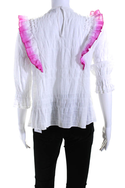 Tanya Taylor Womens Long Sleeves Ruffled Blouse White Pink Cotton Size 4