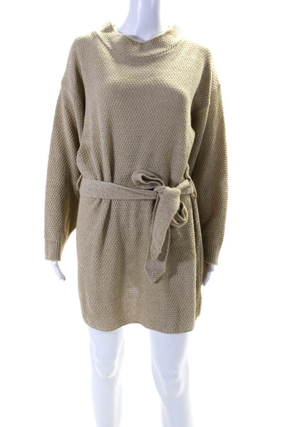 Glamourous Womens 3/4 Sleeve Belted Mini Sweater Dress Beige Size 8