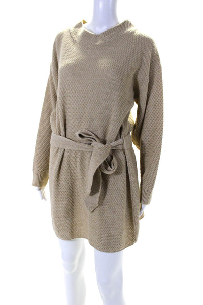 Glamourous Womens 3/4 Sleeve Belted Mini Sweater Dress Beige Size 8