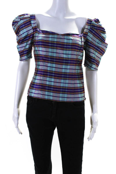 LPA Womens Puff Sleeve Square Neck Plaid Satin Top Blouse Blue Purple Medium