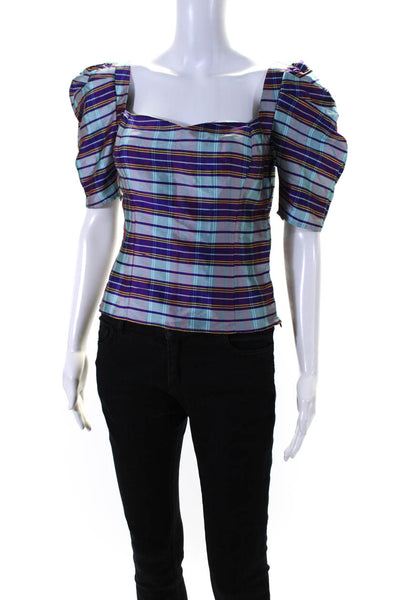 LPA Womens Puff Sleeve Square Neck Plaid Satin Top Blouse Blue Purple Medium