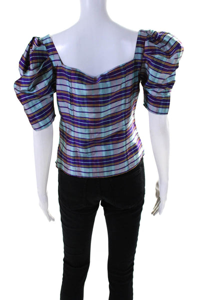 LPA Womens Puff Sleeve Square Neck Plaid Satin Top Blouse Blue Purple Medium