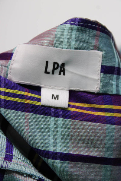 LPA Womens Puff Sleeve Square Neck Plaid Satin Top Blouse Blue Purple Medium