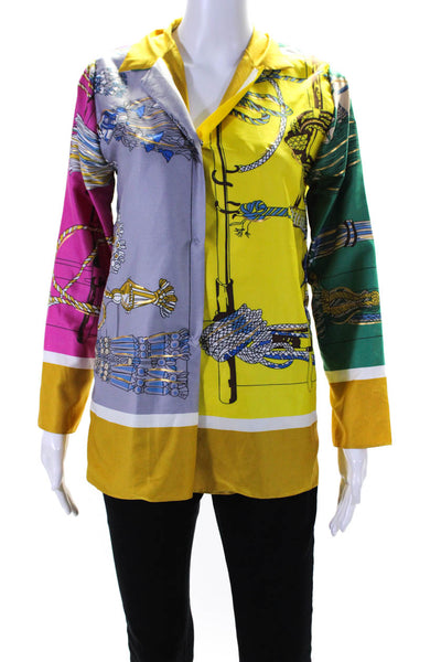 Muze Womens Long Sleeve Printed Color Block Satin Snap Blouse Multicolor Medium