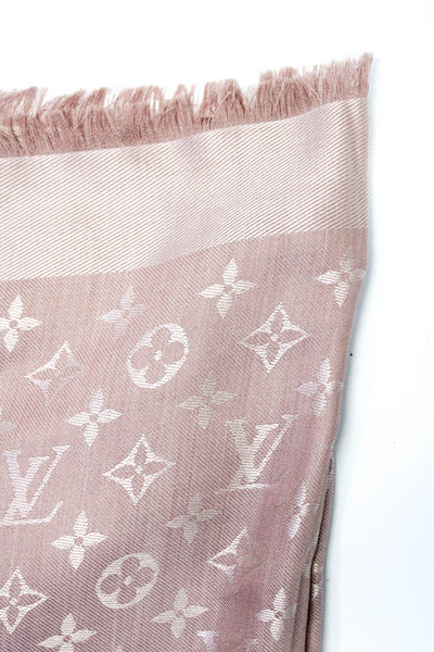 Louis Vuitton Womens Frayed Hem Monogram Silk Wool Jacquard Scarf Blue 56"