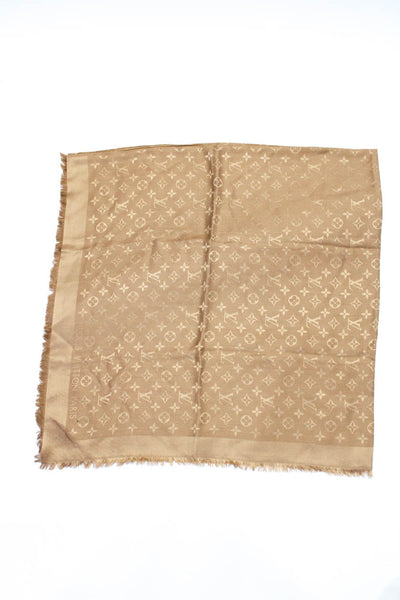 Louis Vuitton Womens Frayed Hem Monogram Silk Wool Jacquard Scarf Beige 56"