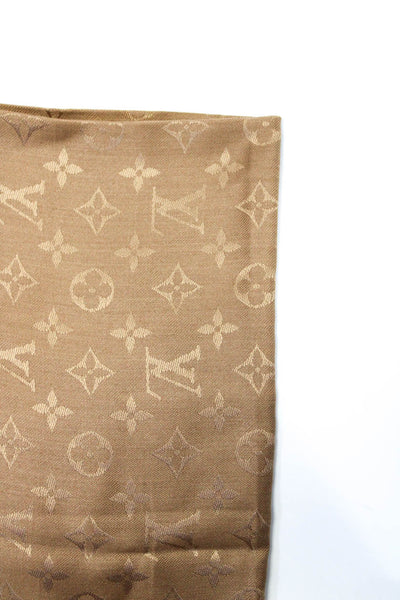 Louis Vuitton Womens Frayed Hem Monogram Silk Wool Jacquard Scarf Beige 56"