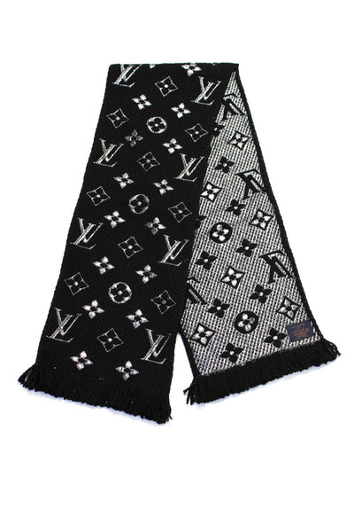 Louis Vuitton Chunky Knit Metallic Jacquard Monogram Scarf Black Silver 60"