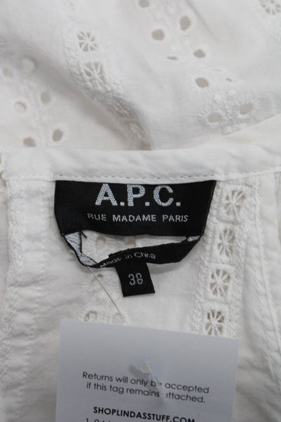 APC Womens Short Sleeve Crew Neck Eyelet Top Blouse White Cotton Size FR 38