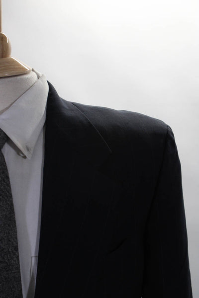 Valentino Uomo Mens Wool Striped Print Button-Up Collared Blazer Navy Size EUR40
