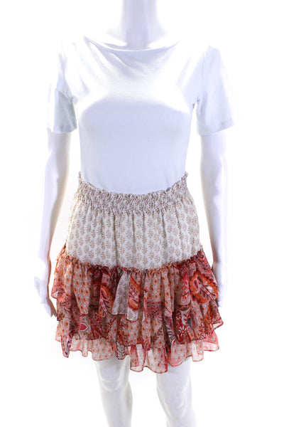 Misa Womens Elastic Waistband Floral Ruffled A Line Skirt White Pink Size Medium