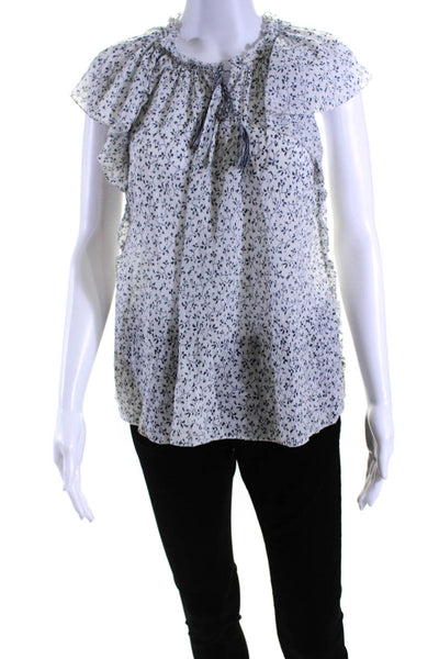 Ulla Johnson Womens Floral Print Short Sleeves Blouse White Black Cotton Size 6