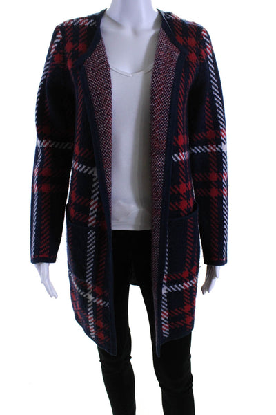 Boden Womens Open Front Plaid Cardigan Sweater Navy Red White Cotton Size 4