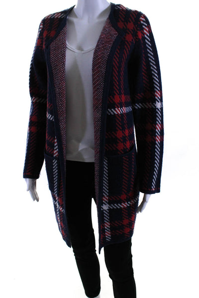 Boden Womens Open Front Plaid Cardigan Sweater Navy Red White Cotton Size 4