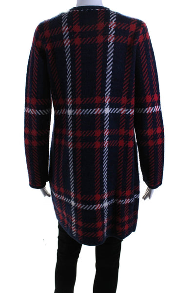 Boden Womens Open Front Plaid Cardigan Sweater Navy Red White Cotton Size 4