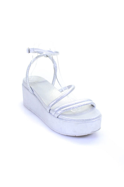 J/Slides Womens Metallic Suede Ankle Strap Platform Sandals Silver Size 10