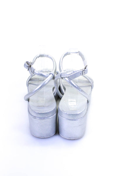 J/Slides Womens Metallic Suede Ankle Strap Platform Sandals Silver Size 10