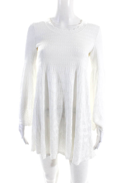 Alaia Womens Pullover Long Sleeve Crew Neck Open Knit Mini Dress White FR 38