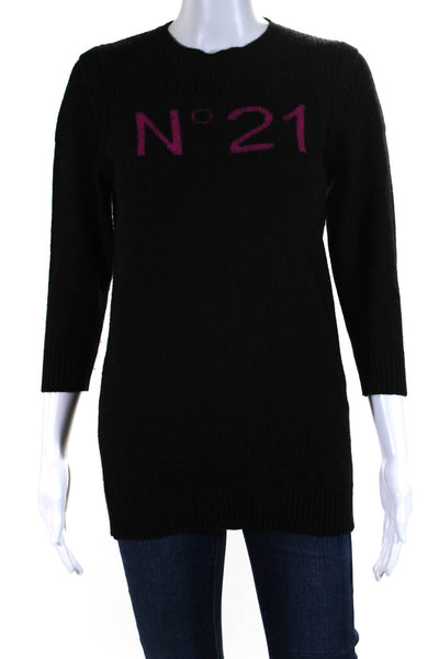 No21 Womens Long Sleeves Crew Neck Sweater Black Pink Wool Size 10