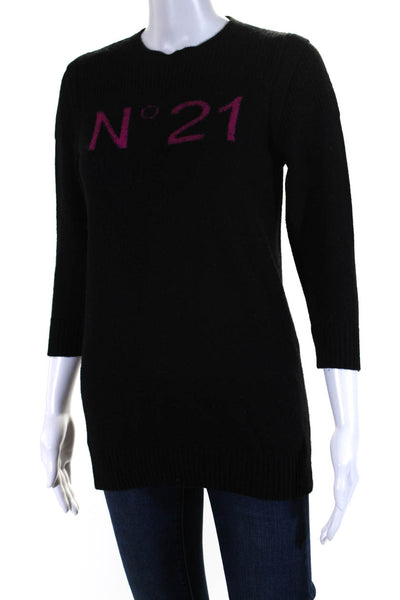 No21 Womens Long Sleeves Crew Neck Sweater Black Pink Wool Size 10