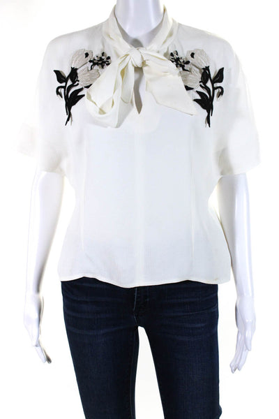 Lela Rose Womens Floral Embroidered Tie Neck Blouse White Black Size Small