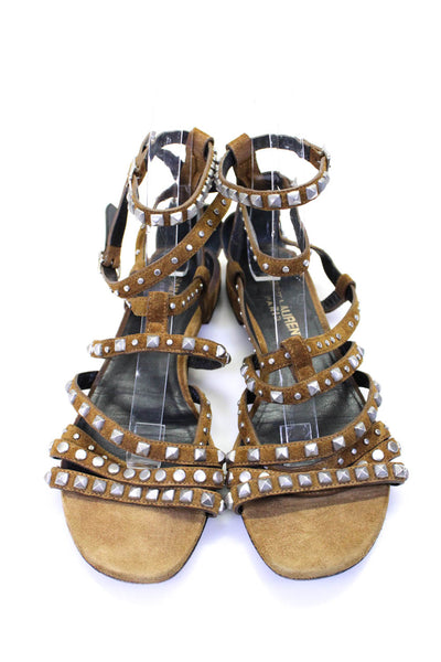 Saint Laurent Womens Studded Strappy Flat Suede Sandals Brown Size 36 6