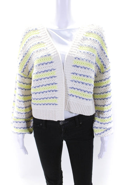 525 Womens Striped Open Front Cardigan Sweater White Blue Yellow Size Small