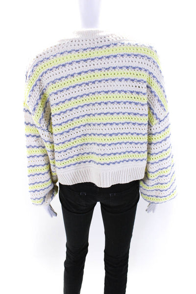 525 Womens Striped Open Front Cardigan Sweater White Blue Yellow Size Small