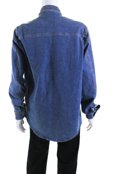 Versace Mens Embroidered Medusa Pocket Long Sleeve Denim Snap Shirt Blue Size 43