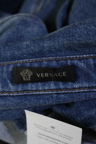 Versace Mens Embroidered Medusa Pocket Long Sleeve Denim Snap Shirt Blue Size 43