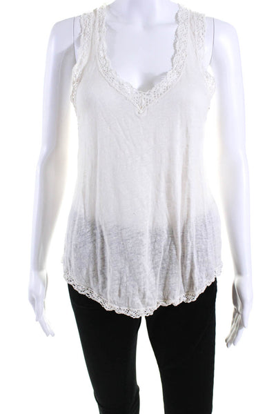 Calypso Saint Barth Womens Lace Trim Knit V Neck Tank Top White Linen Size Small