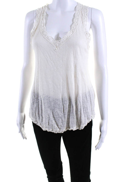 Calypso Saint Barth Womens Lace Trim Knit V Neck Tank Top White Linen Size Small