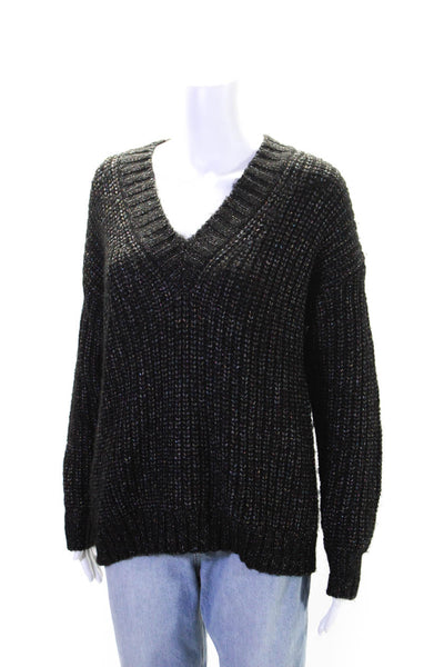 525 Womens Long Sleeve Rainbow Metallic Knit V Neck Sweater Black Size XS